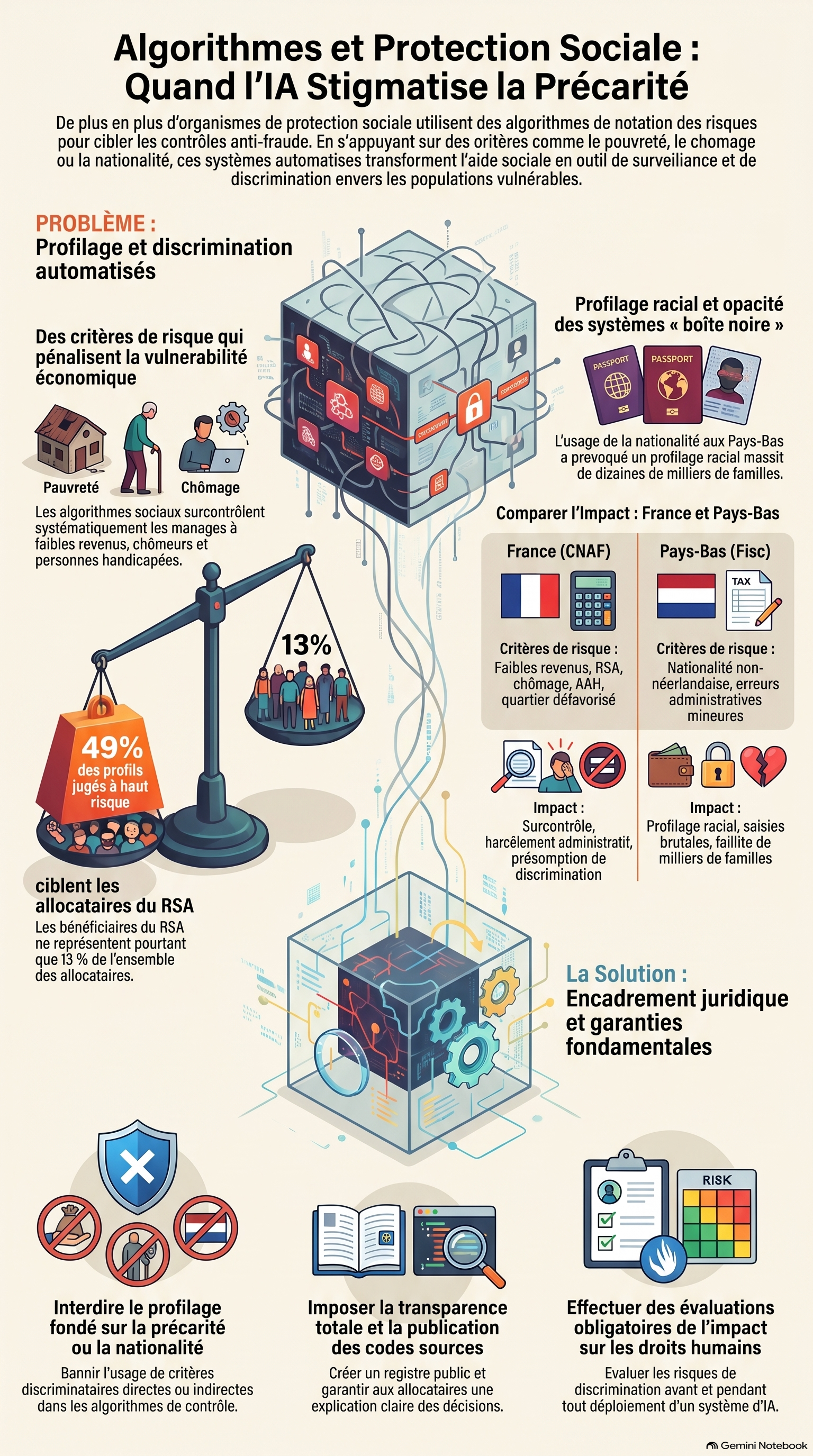 Saviez-vous que la CAF utilise un algorithme secret de « score de suspicion » pour programmer ses contrôles ? Le problème ? Cet outil cible en priorité les foyers les plus précaires : allocataires du RSA, de l'AAH, mères isolées et personnes aux revenus instables. Plus votre situation financière est fragile, plus le logiciel vous attribue un score élevé et vous soumet à des contrôles intrusifs. Cette automatisation de la suspicion crée une véritable discrimination indirecte, dénoncée par le Défenseur des droits et attaquée devant le Conseil d'État par plus de 15 organisations et collectifs (dont La Quadrature du Net, la LDH et Amnesty International). Stop à la criminalisation de la pauvreté et aux dérives de la surveillance algorithmique ! Débattons-en en commentaire : connaissiez-vous l'existence de ce score de notation ? Partagez cette vidéo pour informer votre entourage !